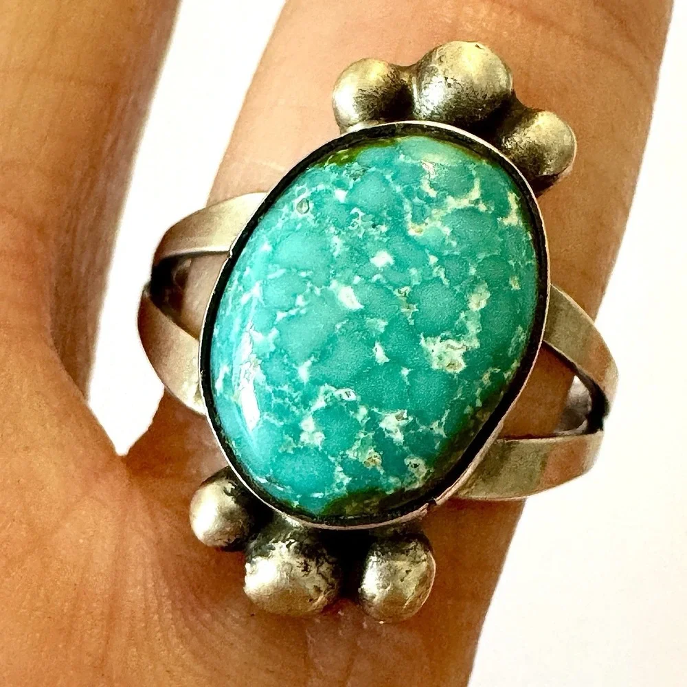 Modern Turquoise Navajo Sonoran Gold Ring Sz 8 Signed Martinez Antiqued Sterling